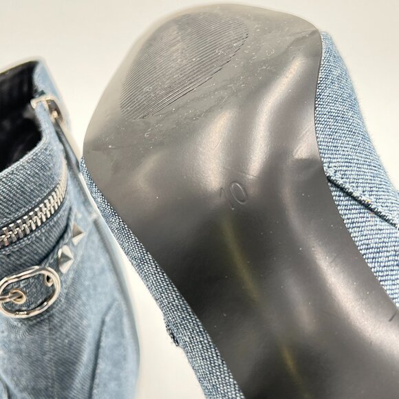 XYD Skyblue Denim Ultra Pointed Toe Kitten Heel Zipped Rivets Studded Ankle Boot - Picture 6 of 8